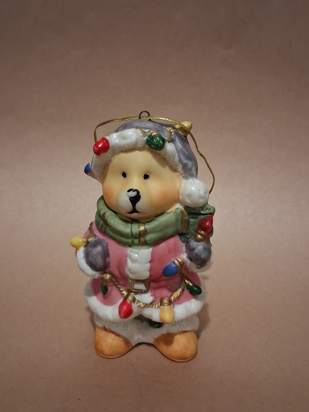 Pink & Green Holiday Bear Ornament with Festive Lights